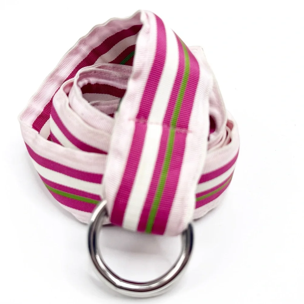 CK Bradley Pinks and Green Striped Ribbon Belt with Silver Buckle, Size Medium